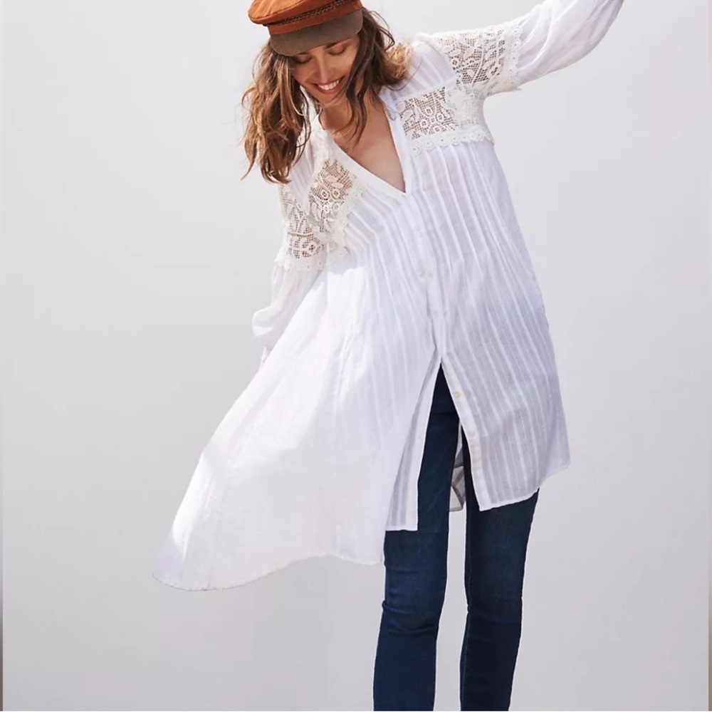 ANTHROPOLOGIE Feather & Bone Lucille Lace White Cotton Tunic